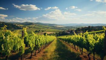 AI generated Idyllic vineyard landscape, green meadow, grape harvest, old farmhouse generated by AI photo