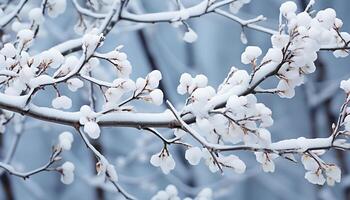 ai generado invierno árbol rama cubierto en escarcha, copos de nieve descendente, tranquilo escena generado por ai foto