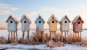 AI generated Birdhouse in winter, animals nest in blue tree, rustic beauty generated by AI photo