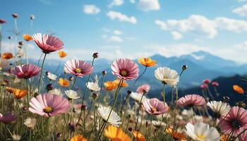 AI generated Tranquil meadow, vibrant flowers, nature beauty in a rural landscape generated by AI photo