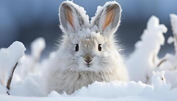 ai generado linda mullido Conejo sentado en nieve, mirando a cámara generado por ai foto