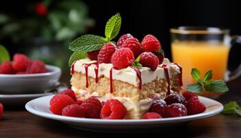 AI generated Fresh berry dessert with mint leaf on wooden table generated by AI photo