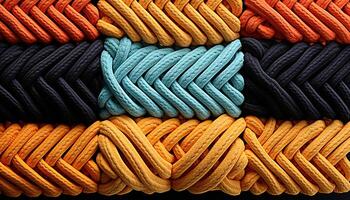 ai generado tejido lana carretes en un fila, vistoso Moda industria colección generado por ai foto
