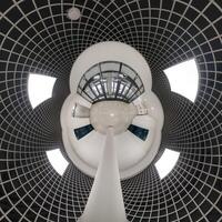 abstractamente retorcido dentro un esférico 360 panorama interior de un moderno oficina con un salón escalera y panorámico ventanas foto