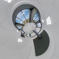 abstractly twisted into a spherical 360 panorama interior of a modern office with a hall staircase and panoramic windows photo