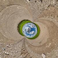 blue hole sphere little planet inside gravel sand round frame background photo