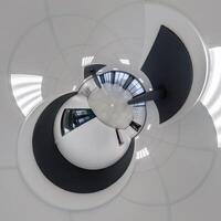 abstractly twisted into a spherical 360 panorama interior of a modern office with a hall staircase and panoramic windows photo