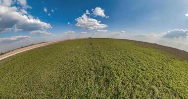 groen weinig planeet lus transformatie met kromming van ruimte tussen velden in zonnig dag en mooi wolken video