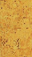 vertical video of rows of blinking golden yellow brass metal plaques sway in wind and shines in sun and create unique pattern of movement. round reflective particles glitter under waves of wind