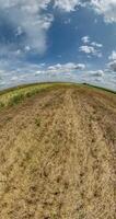 vertical little planet transformation with curvature of space among  fields in blue sky with clouds video