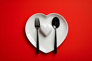 ai generado cuchara y tenedor y blanco vacío corazón plato en rojo fondo, parte superior ver para boda, enamorado foto
