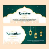 Islamic Ramadan celebration banner template design with gold frame and lantern illustration. Ramadan green banner background. vector