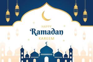 Islamic Ramadan celebration template banner design with gold frame, lantern, and mosque illustration. Beautiful Ramadan background and border vector