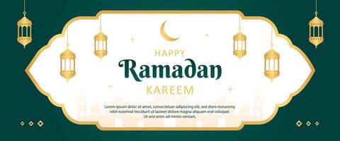 Islamic Ramadan celebration banner template design with gold frame and lantern illustration. Ramadan green banner background. vector