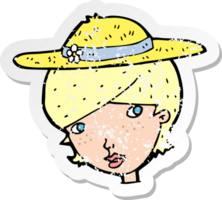 retro distressed sticker of a cartoon woman wearing summer hat png