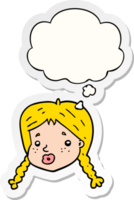 cartoon girls face with thought bubble as a printed sticker png