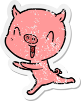 distressed sticker of a happy cartoon pig running png