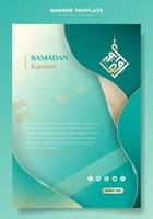 Portrait banner design in light sea green and gold lines design for ramadan kareem background. Islamic portrait background in light sea green design. Arabic text mean is ramadan kareem. vector