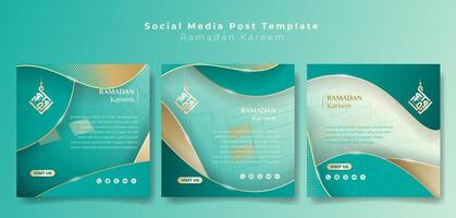 conjunto de social medios de comunicación enviar modelo con ligero mar verde y dorado diseño para Ramadán kareem campaña. Arábica texto media es Ramadán kareem vector