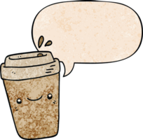 cartoon takeaway coffee with speech bubble in retro texture style png