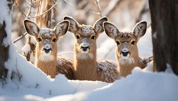 ai generado linda ciervo familia en Nevado bosque, mirando a cámara generado por ai foto