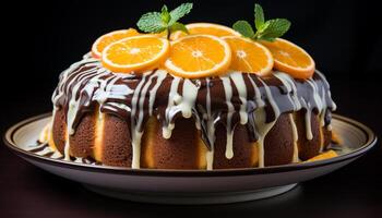 ai generado frescura y indulgencia en un plato de hecho en casa gastrónomo postre generado por ai foto