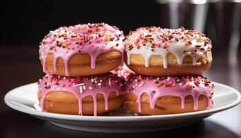 AI generated Homemade donut stack, a sweet indulgence on wooden table generated by AI photo