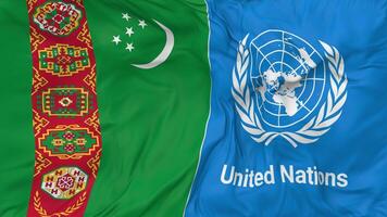 Turkmenistan and United Nations, UN Flags Together Seamless Looping Background, Looped Bump Texture Cloth Waving Slow Motion, 3D Rendering video