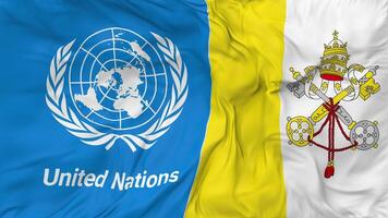 Vaticano ciudad y unido naciones, Naciones Unidas banderas juntos sin costura bucle fondo, serpenteado bache textura paño ondulación lento movimiento, 3d representación video