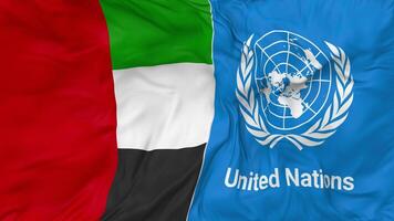 United Arab Emirates and United Nations, UN Flags Together Seamless Looping Background, Looped Bump Texture Cloth Waving Slow Motion, 3D Rendering video