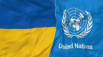 Ukraine and United Nations, UN Flags Together Seamless Looping Background, Looped Bump Texture Cloth Waving Slow Motion, 3D Rendering video