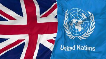 unido Reino y unido naciones, Naciones Unidas banderas juntos sin costura bucle fondo, serpenteado bache textura paño ondulación lento movimiento, 3d representación video