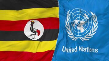 Uganda and United Nations, UN Flags Together Seamless Looping Background, Looped Bump Texture Cloth Waving Slow Motion, 3D Rendering video