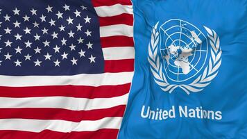 United States and United Nations, UN Flags Together Seamless Looping Background, Looped Bump Texture Cloth Waving Slow Motion, 3D Rendering video