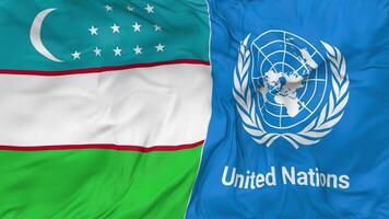 Uzbekistan and United Nations, UN Flags Together Seamless Looping Background, Looped Bump Texture Cloth Waving Slow Motion, 3D Rendering video