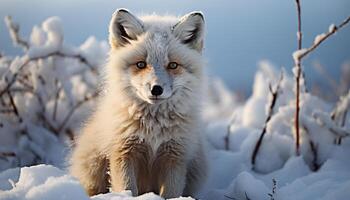 ai generado mullido rojo zorro sentado en nieve, mirando a cámara generado por ai foto