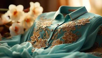 AI generated Elegant silk dress, adorned with gold embroidery, a timeless beauty generated by AI photo