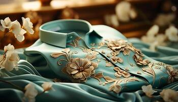 AI generated Silk dress, elegant garment, close up pattern, wood table, modern decoration generated by AI photo