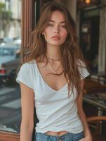 AI generated European Model in White Tee and Blue Jeans, Parisian Style photo