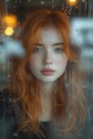 AI generated Urban Elegance Moody Portrait of Red Haired Woman in Modern Cafe Near The Window photo