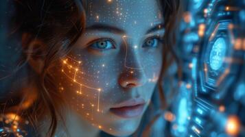 AI generated Future Interaction Woman with Neural Interface Device Explores Singularity photo