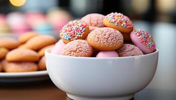 AI generated A colorful bowl of homemade macaroons, a sweet temptation generated by AI photo