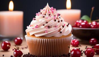 AI generated Homemade cupcake with chocolate icing, berry decoration, and candle flame generated by AI photo