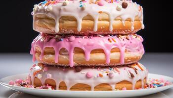 ai generado hecho en casa cumpleaños rosquilla pila, un dulce tentación de alegría generado por ai foto