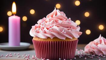 AI generated Homemade cupcake with pink icing, chocolate decoration, and candle generated by AI photo