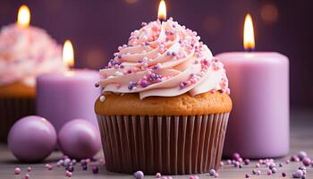 AI generated Homemade cupcake with chocolate icing, birthday celebration, sweet indulgence generated by AI photo