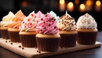 AI generated Freshly baked gourmet cupcakes with chocolate icing and candy decoration generated by AI photo