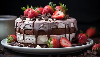 AI generated Fresh strawberry slice on a chocolate cheesecake, a sweet indulgence generated by AI photo