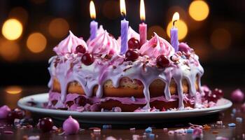 ai generado cumpleaños celebracion hecho en casa chocolate pastel con fresa decoración generado por ai foto
