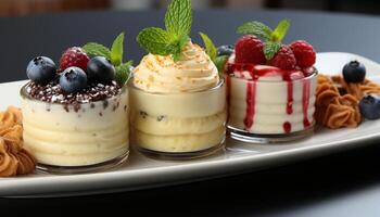 ai generado Fresco Fruta postre en plato con azotado crema y chocolate generado por ai foto